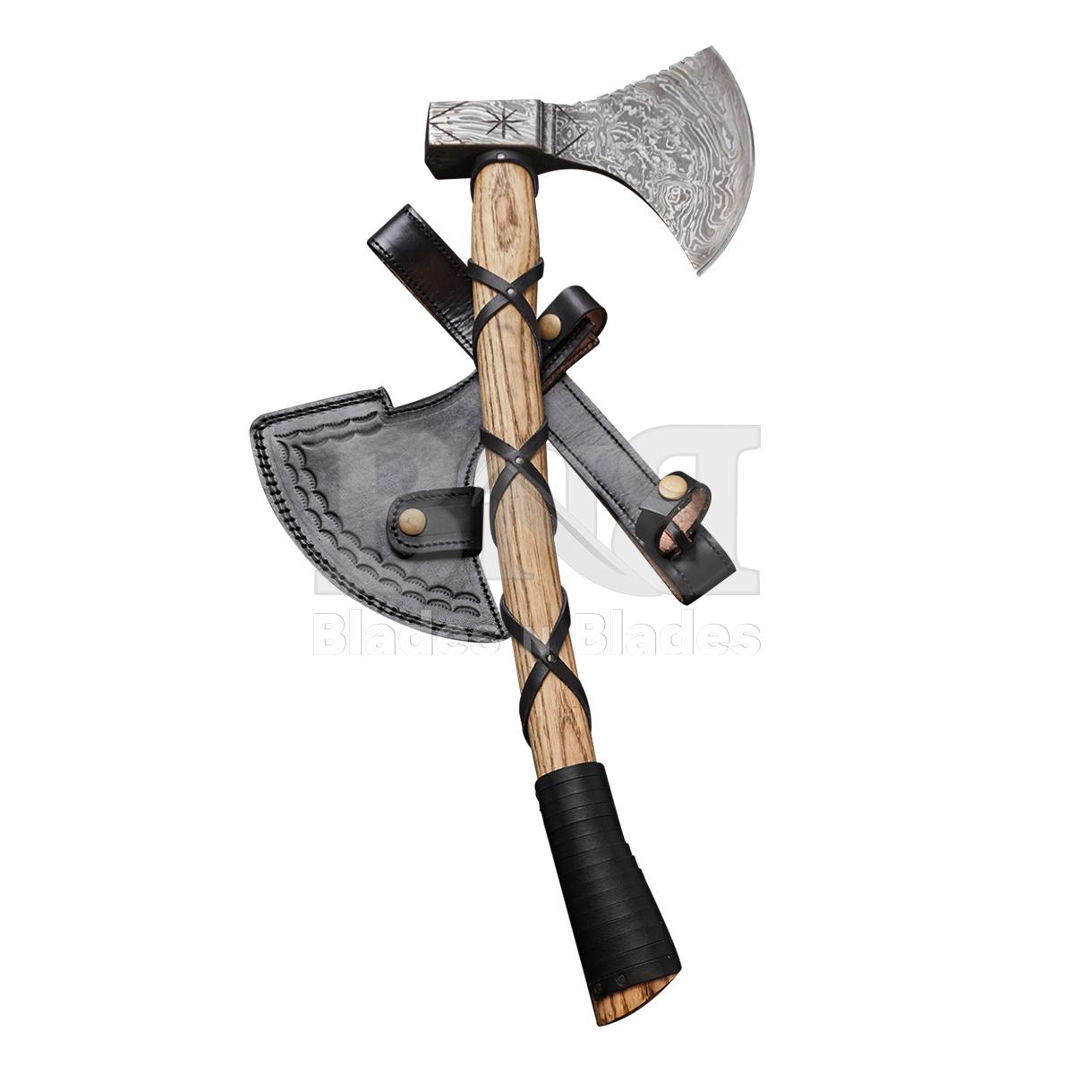 Damascus Steel Leather Strip Olive Wood Handle