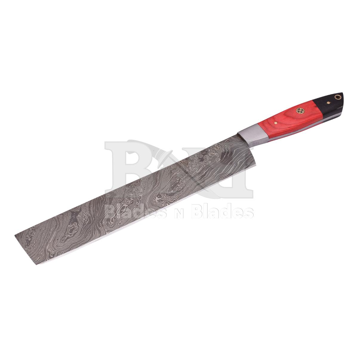 Twist Blade Pattern steel boster
Red pakka wood and black micrta
handle with brass pins and mosic pin