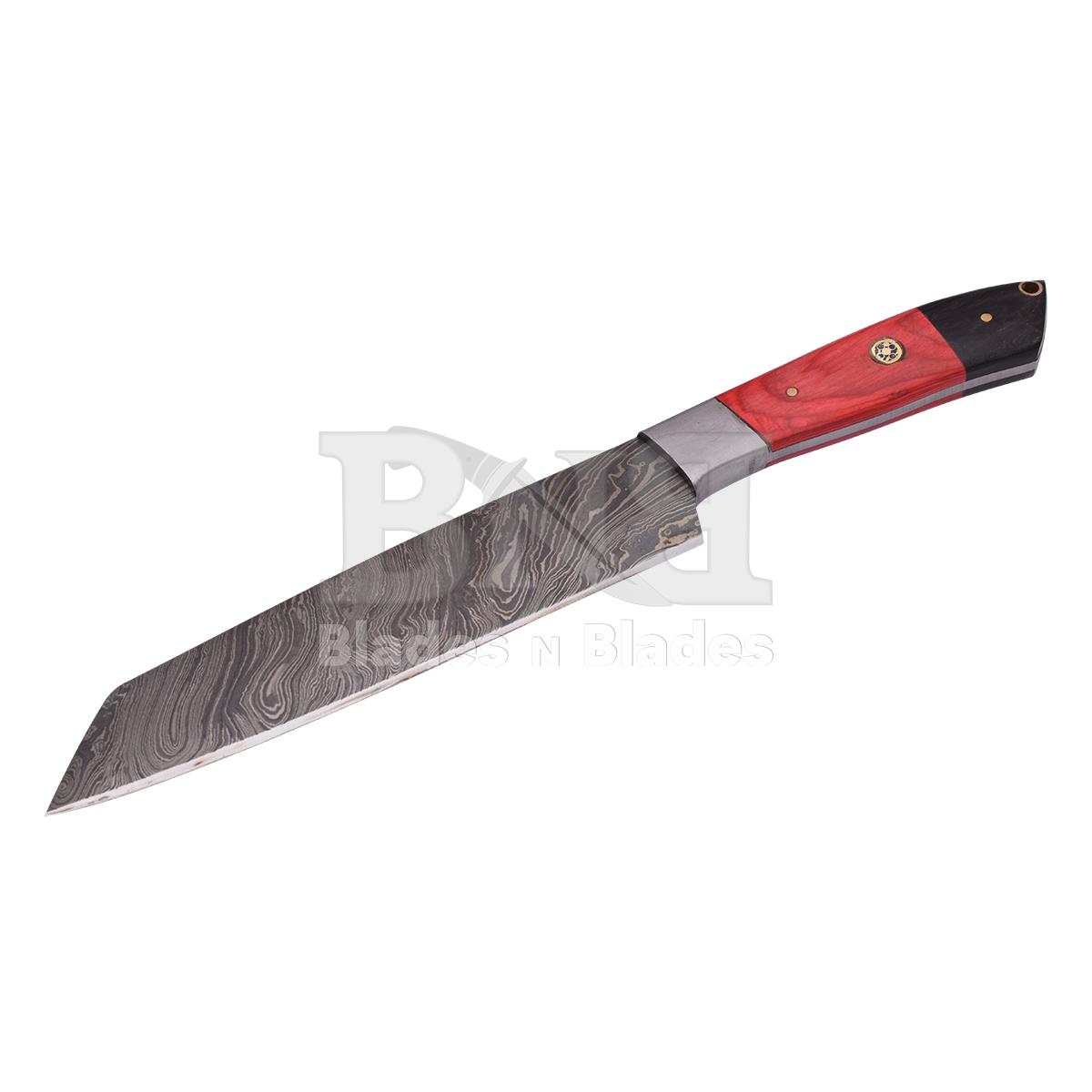 Twist Blade Pattern steel boster
Red pakka wood and black micrta
handle with brass pins and mosic
