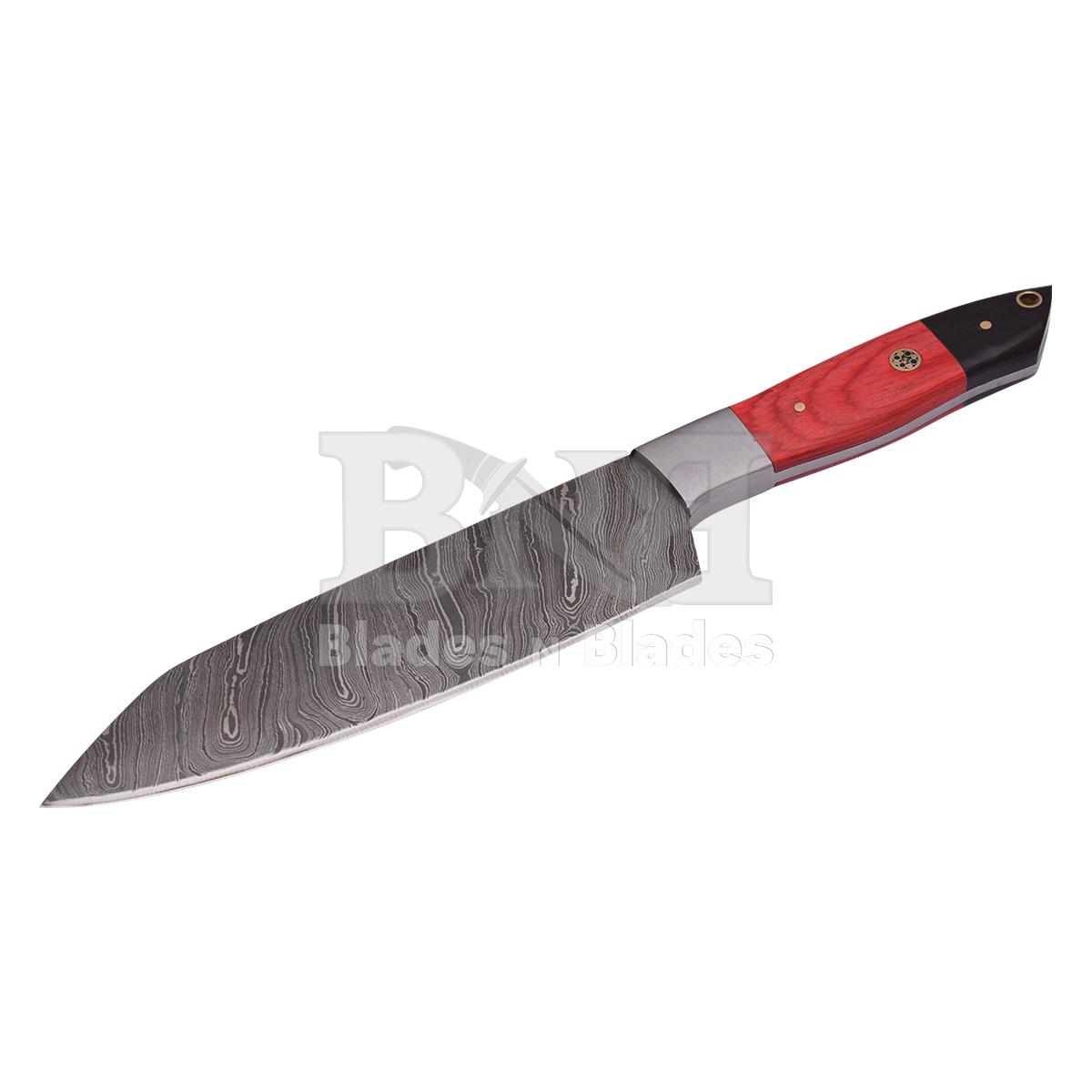Twist Blade Pattern steel boster
Red pakka wood and black micrta
handle with brass pins and mosic