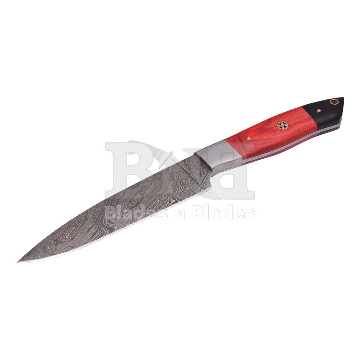 Twist Blade Pattern steel boster
Red pakka wood and black micrta
handle with brass pins and mosic pin